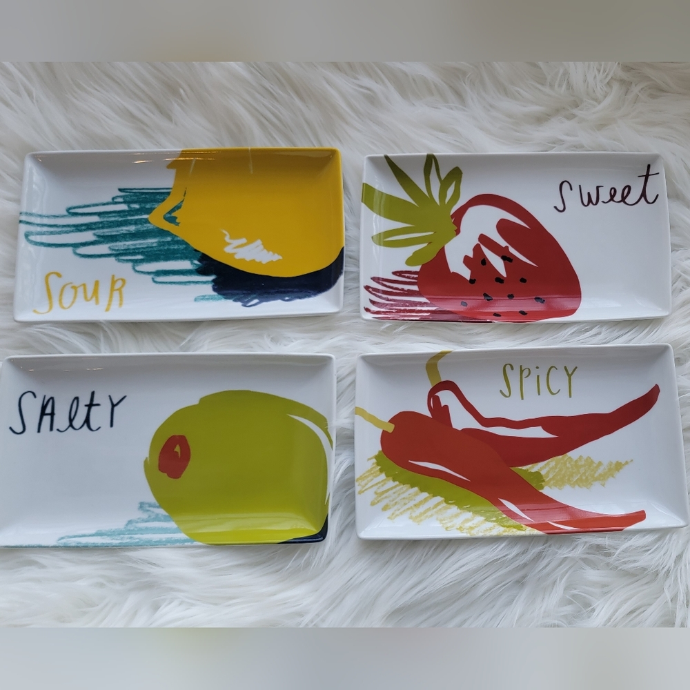CRATE & BARREL 4 Snack/Appetizer Rectangle Plates Sweet, Sour, Spicy, Salty